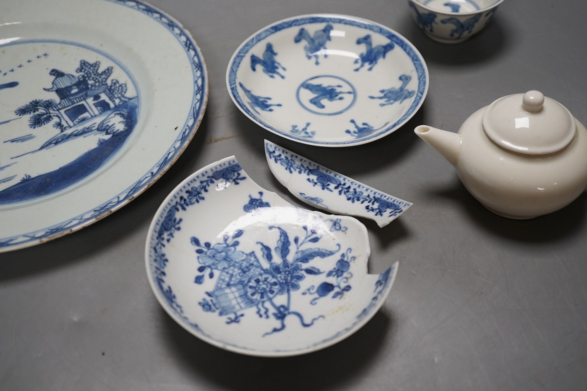 A Chinese blue and white plate, 23.5 cm, a similar tea bowl and saucer, a saucer and a white glaze teapot and cover, 18th century and later